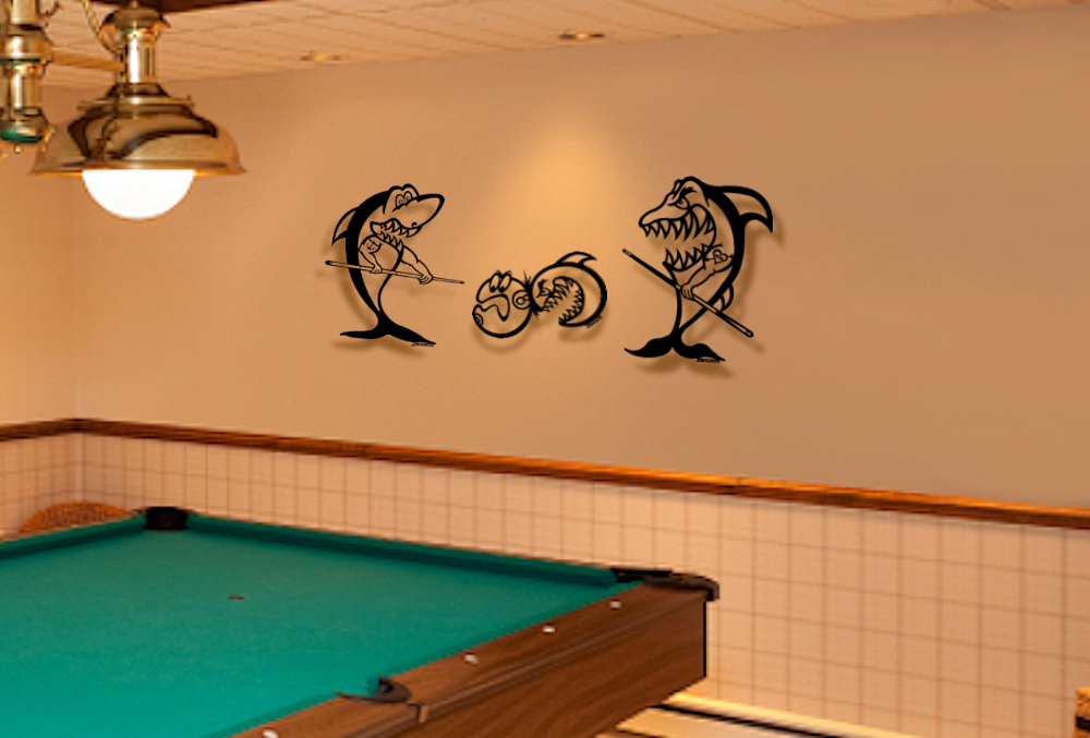 Black Metal Wall Art Fun Game Room Pool Shark Combo